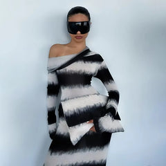 Casual Oblique Shoulder Long Sleeve Stripes Body-Shaping Maxi Dress