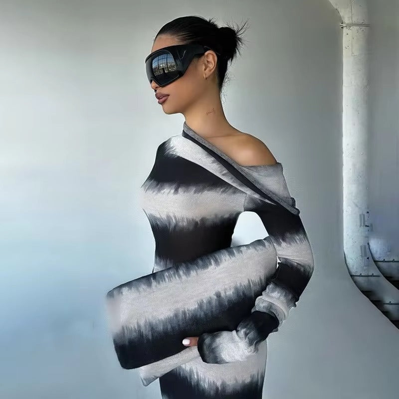 Casual Oblique Shoulder Long Sleeve Stripes Body-Shaping Maxi Dress