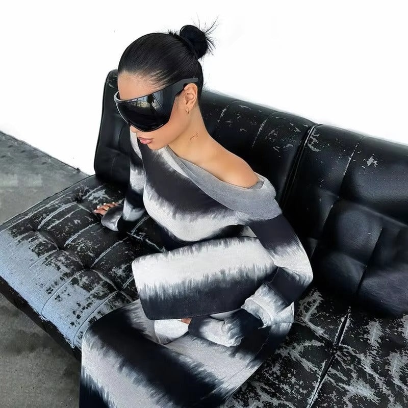 Casual Oblique Shoulder Long Sleeve Stripes Body-Shaping Maxi Dress