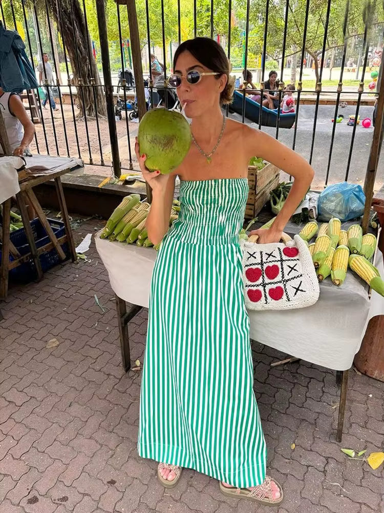 Casual Off Shoulder Backless Beach Style Striped Maxi Dress