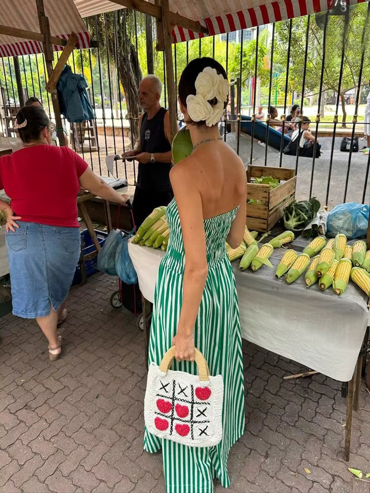 Casual Off Shoulder Backless Beach Style Striped Maxi Dress