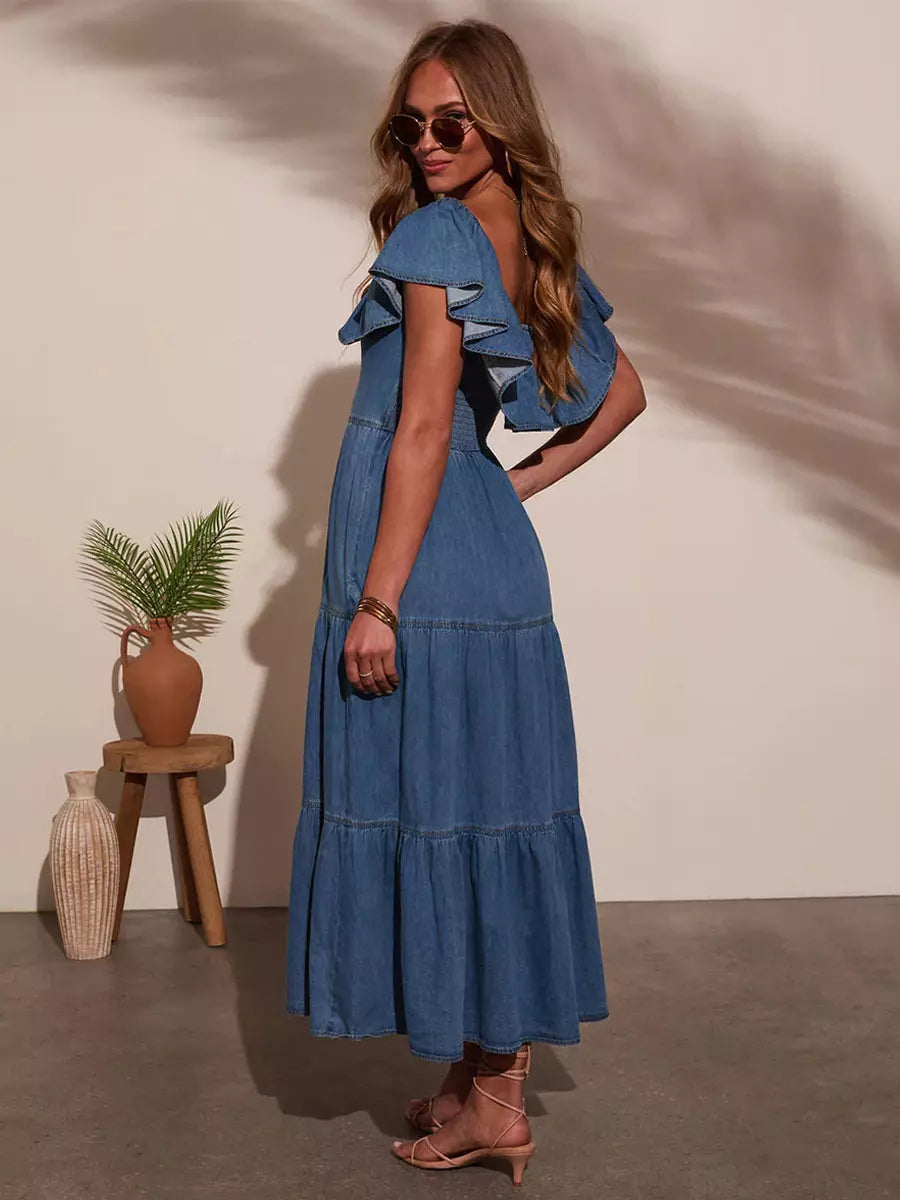 Casual Off Shoulder Denim With Ruffle Skirt Casual Wear Long Dress