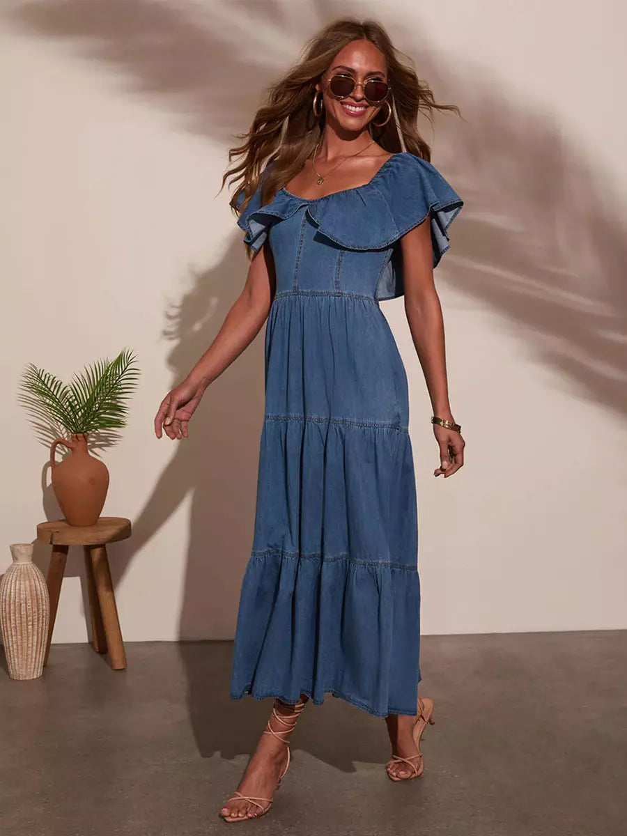 Casual Off Shoulder Denim With Ruffle Skirt Casual Wear Long Dress