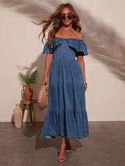 Casual Off Shoulder Denim With Ruffle Skirt Casual Wear Long Dress