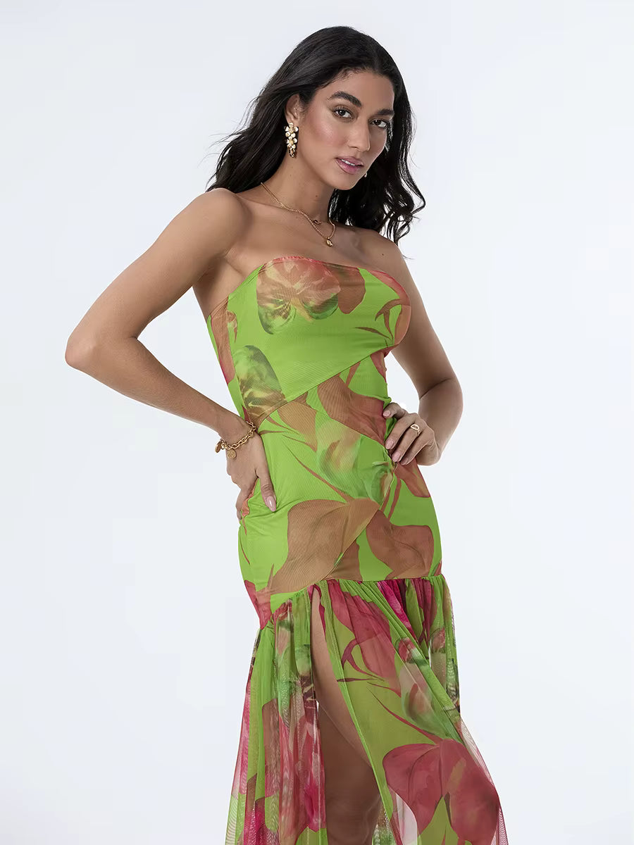 Casual Off-Shoulder Mesh Hem High Slit Floral Print Dresses