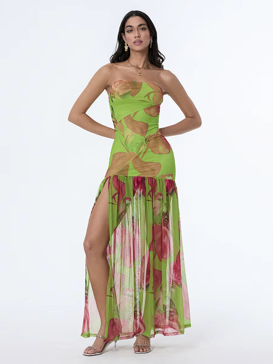 Casual Off-Shoulder Mesh Hem High Slit Floral Print Dresses