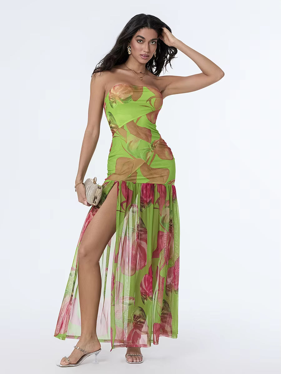 Casual Off-Shoulder Mesh Hem High Slit Floral Print Dresses
