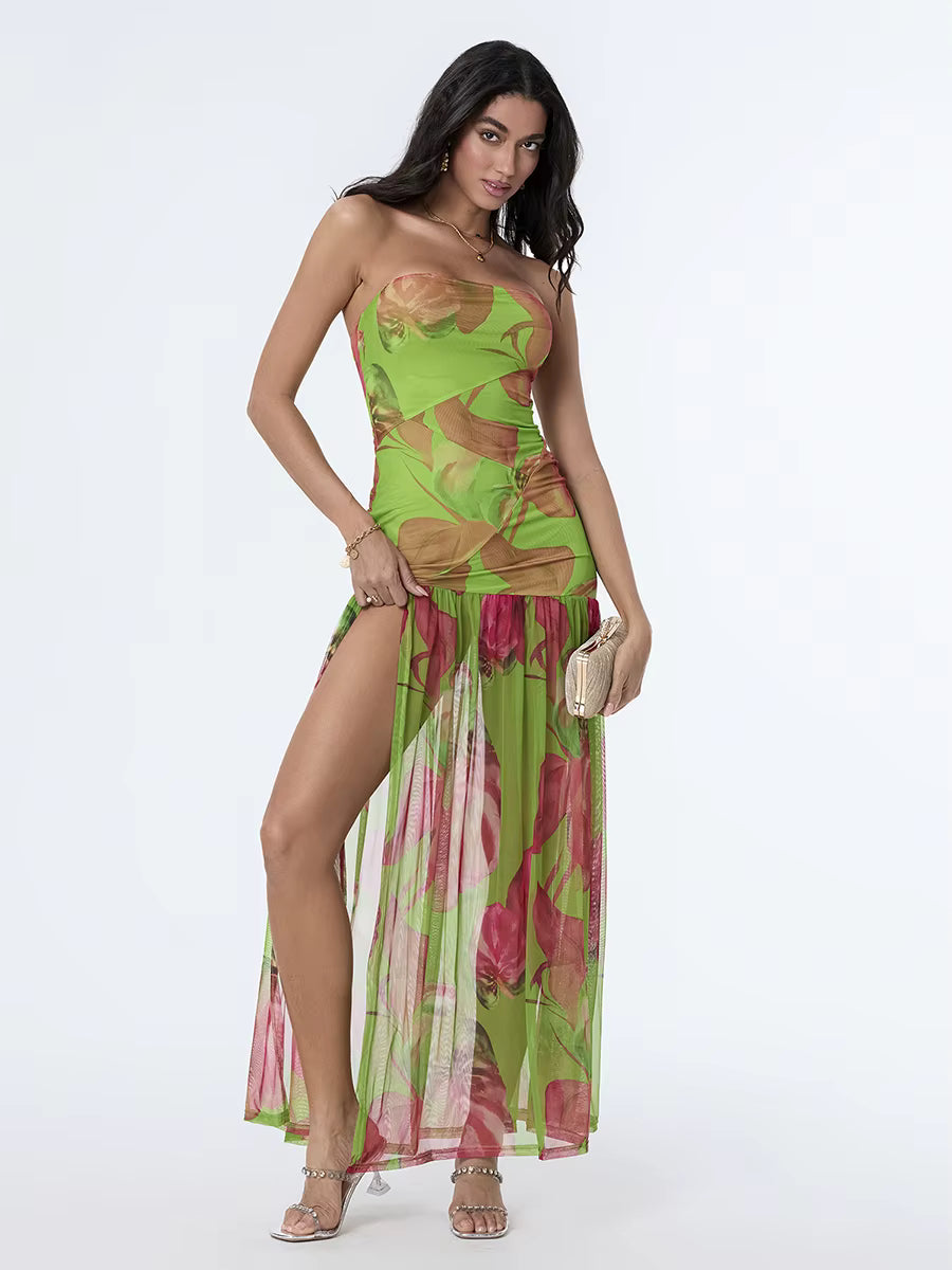 Casual Off-Shoulder Mesh Hem High Slit Floral Print Dresses