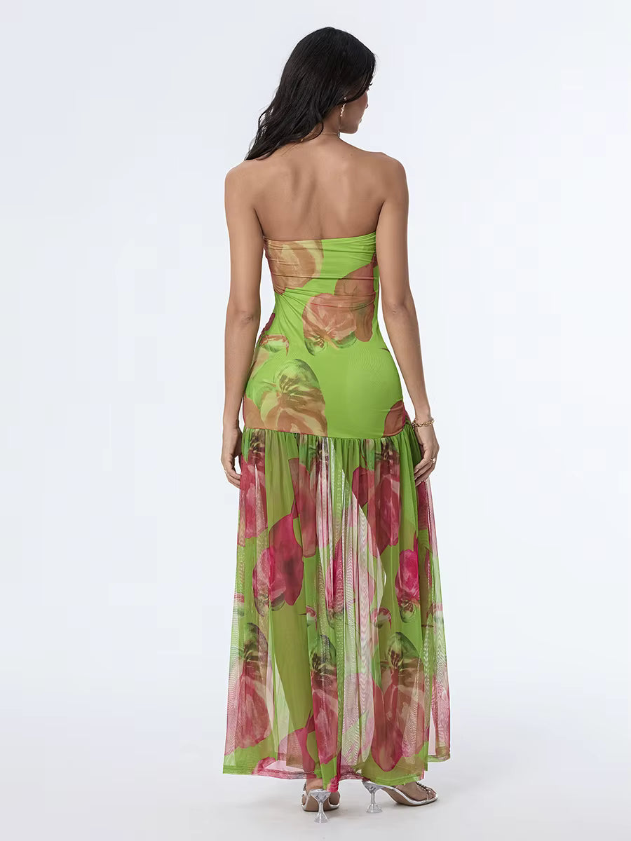 Casual Off-Shoulder Mesh Hem High Slit Floral Print Dresses