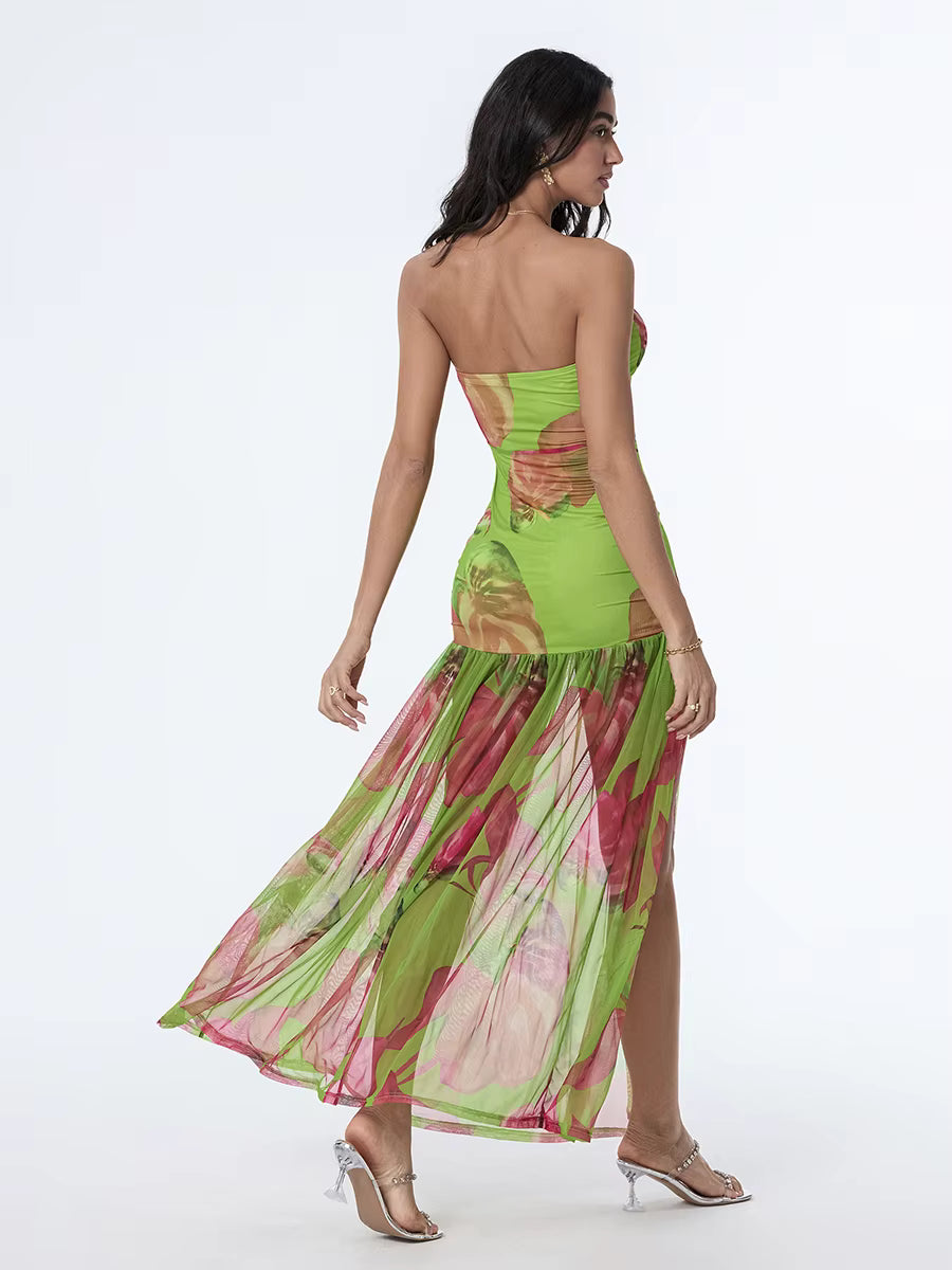 Casual Off-Shoulder Mesh Hem High Slit Floral Print Dresses