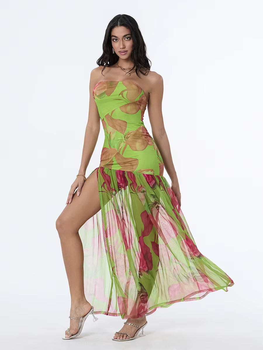 Casual Off-Shoulder Mesh Hem High Slit Floral Print Dresses