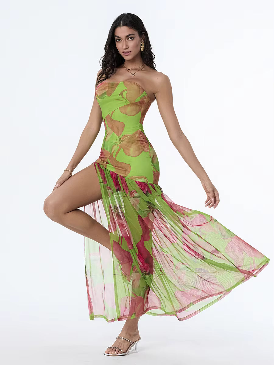 Casual Off-Shoulder Mesh Hem High Slit Floral Print Dresses