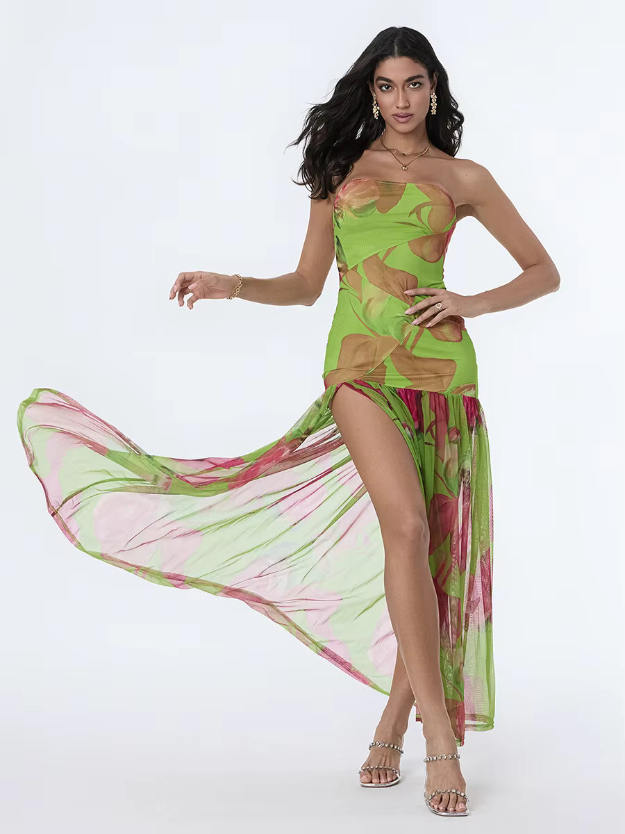 Casual Off-Shoulder Mesh Hem High Slit Floral Print Dresses