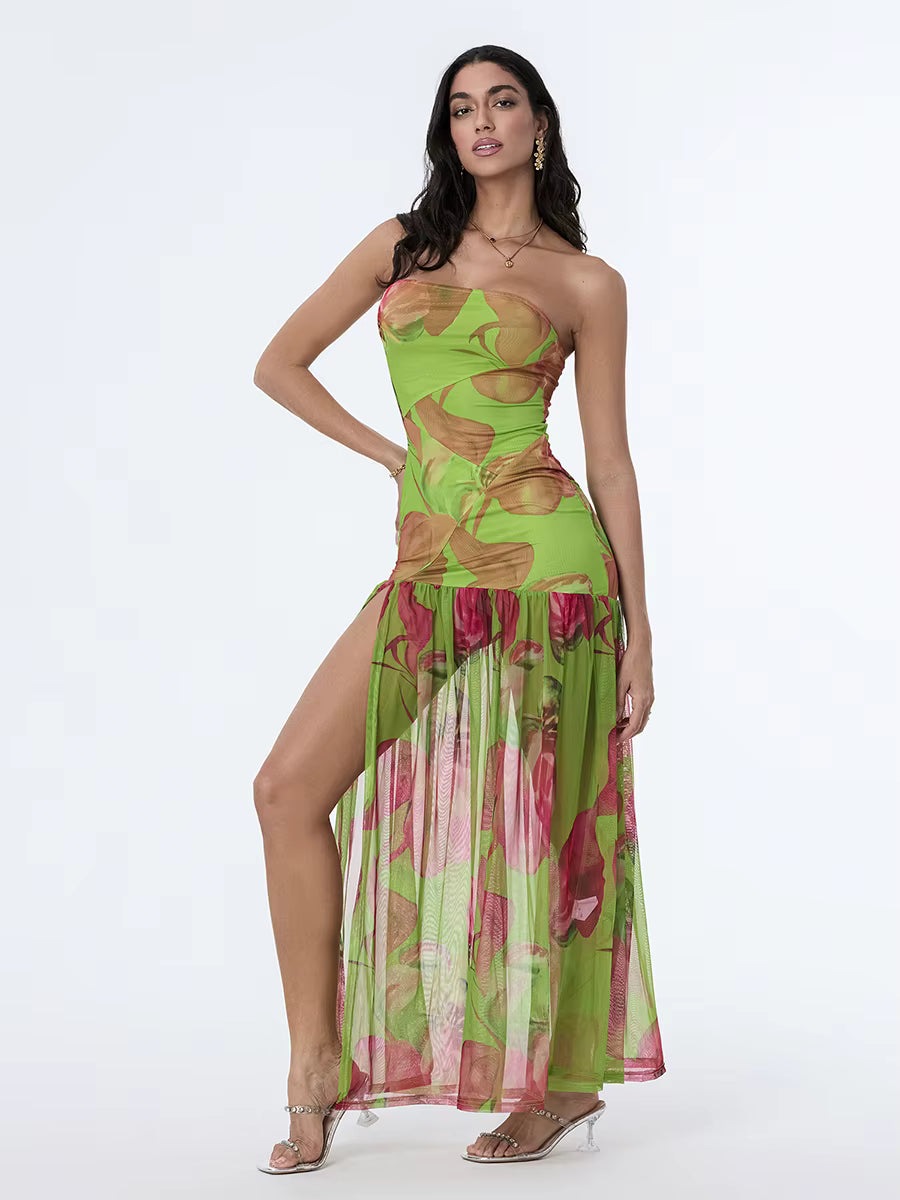 Casual Off-Shoulder Mesh Hem High Slit Floral Print Dresses