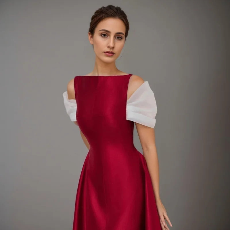 Casual Off Shoulder Patchwork Short Sleeves Round Neck Slim Big Swing Mid-calf Dresses 