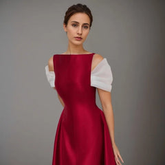 Casual Off Shoulder Patchwork Short Sleeves Round Neck Slim Big Swing Mid-calf Dresses 