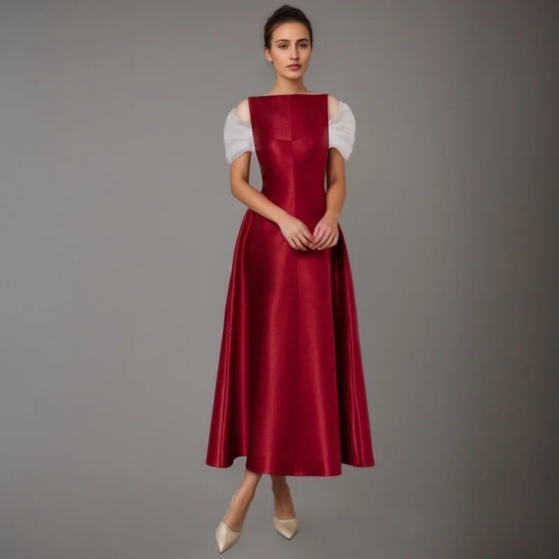 Casual Off Shoulder Patchwork Short Sleeves Round Neck Slim Big Swing Mid-calf Dresses 