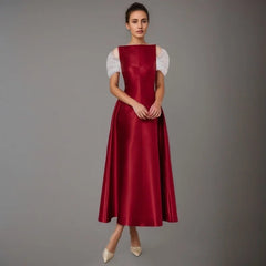 Casual Off Shoulder Patchwork Short Sleeves Round Neck Slim Big Swing Mid-calf Dresses 