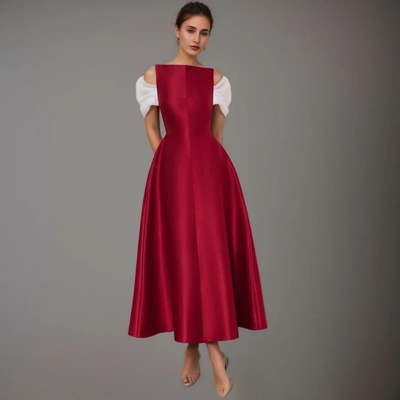 Casual Off Shoulder Patchwork Short Sleeves Round Neck Slim Big Swing Mid-calf Dresses 