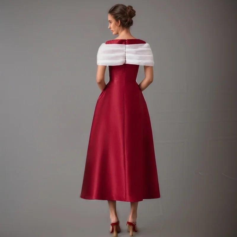 Casual Off Shoulder Patchwork Short Sleeves Round Neck Slim Big Swing Mid-calf Dresses 