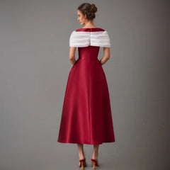 Casual Off Shoulder Patchwork Short Sleeves Round Neck Slim Big Swing Mid-calf Dresses 