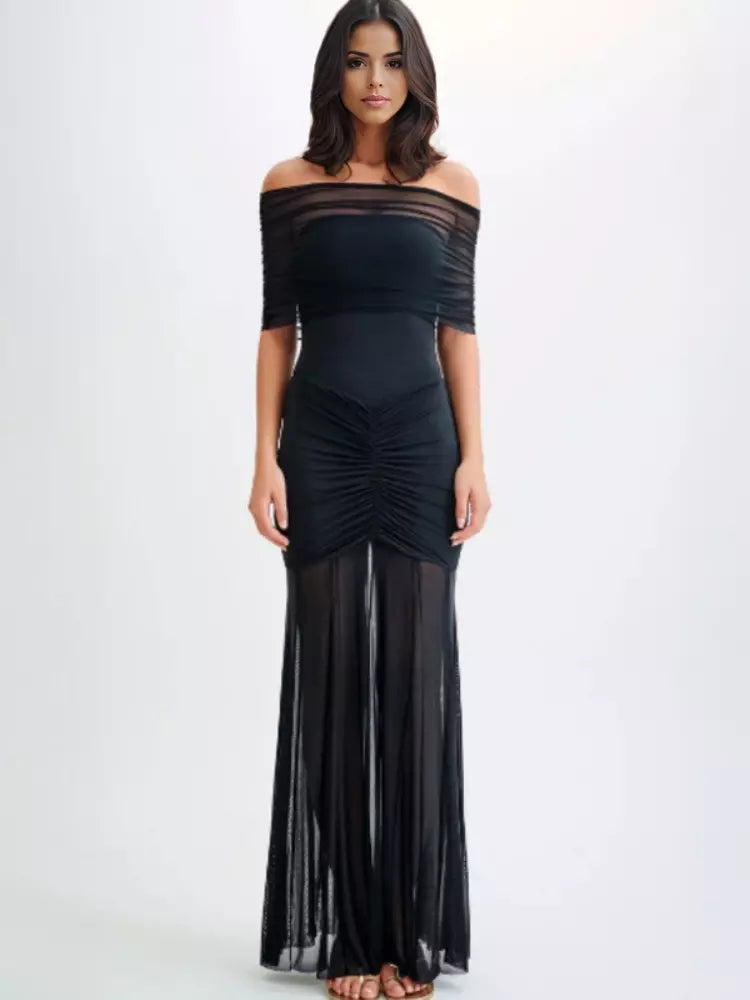 Casual Off-Shoulder Sheer Semi-formal Pleated Maxi Dresses