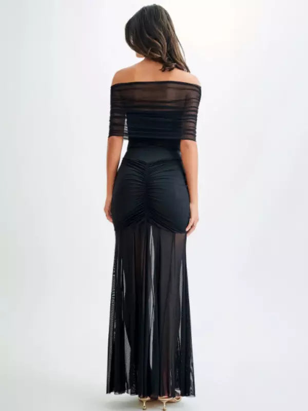 Casual Off-Shoulder Sheer Semi-formal Pleated Maxi Dresses