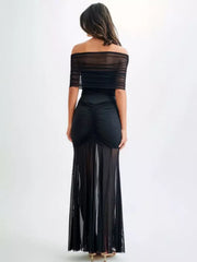 Casual Off-Shoulder Sheer Semi-formal Pleated Maxi Dresses
