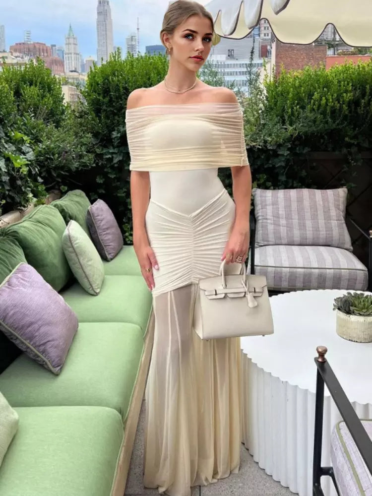 Casual Off-Shoulder Sheer Semi-formal Pleated Maxi Dresses