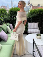 Casual Off-Shoulder Sheer Semi-formal Pleated Maxi Dresses