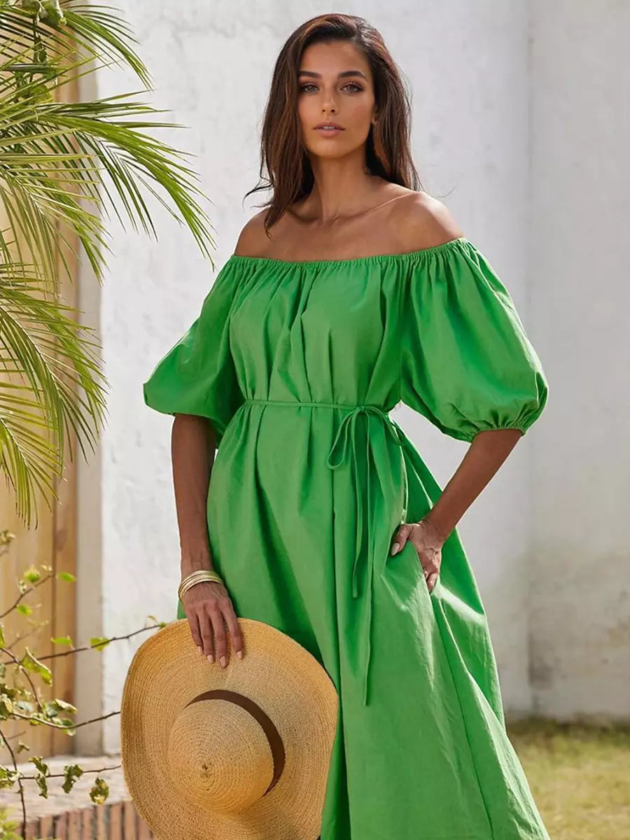 Casual Off-shoulder Relaxed Fit Puff Sleeve Shift Long Dress