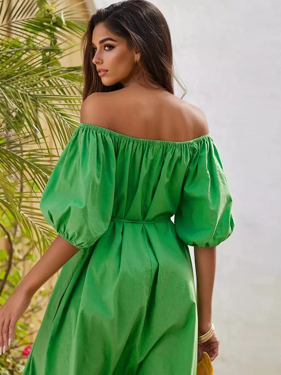 Casual Off-shoulder Relaxed Fit Puff Sleeve Shift Long Dress
