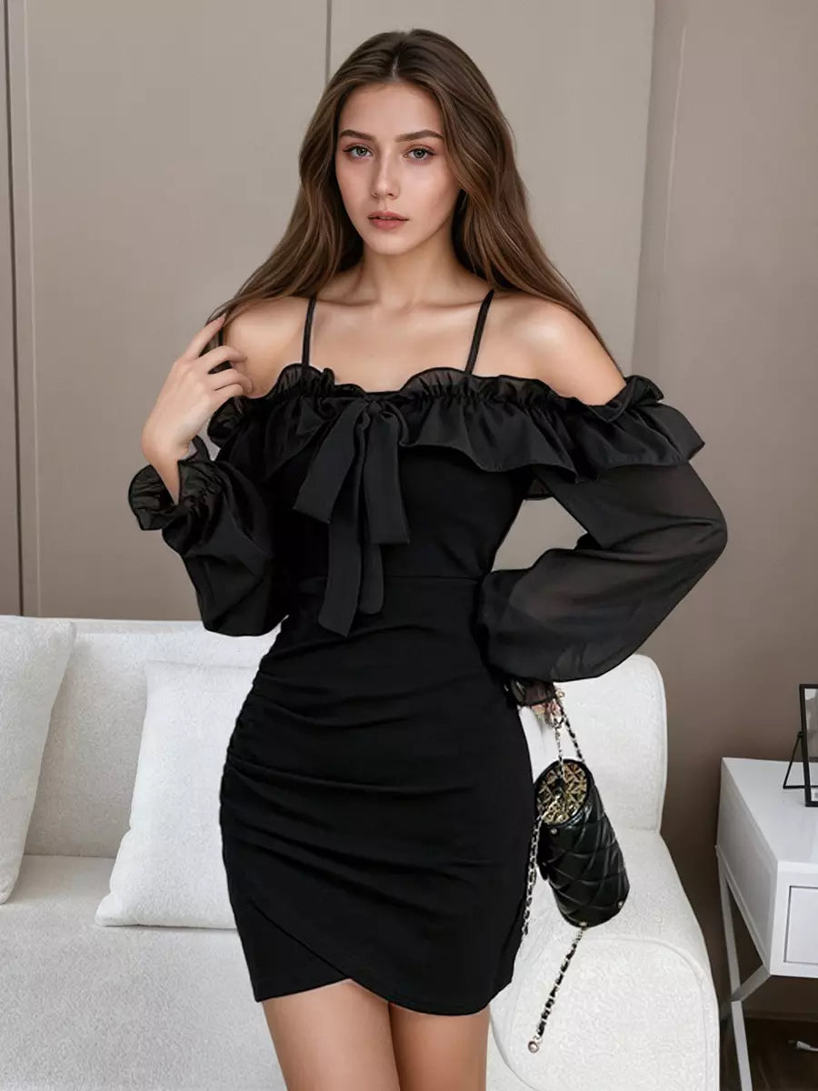 Casual Off-shoulder Solid Color Bodycon Long Sleeve Mini Dress