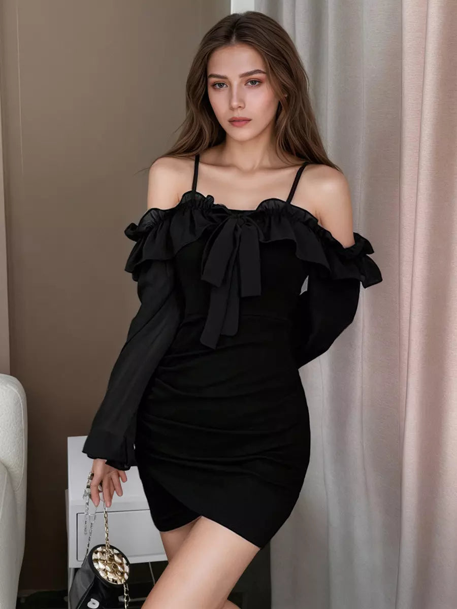 Casual Off-shoulder Solid Color Bodycon Long Sleeve Mini Dress