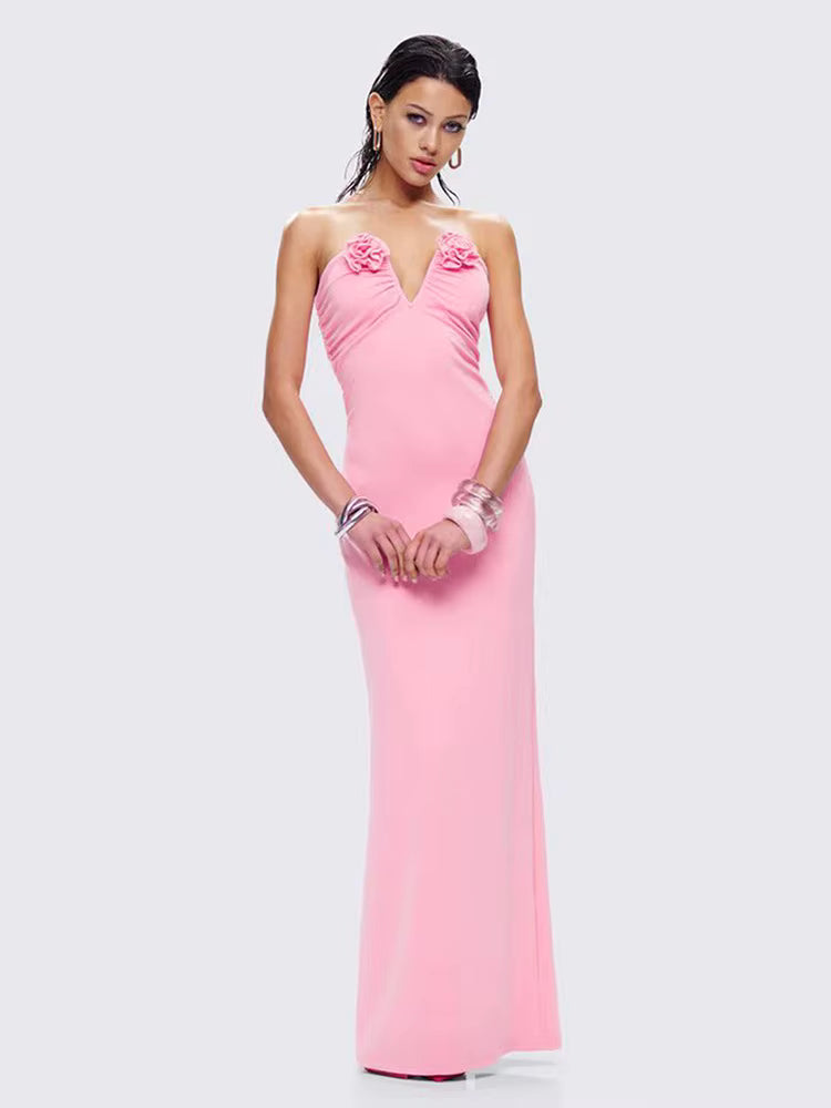 Casual Off-shoulder V Neck Backless Sleeveless Bodycon Maxi Dress