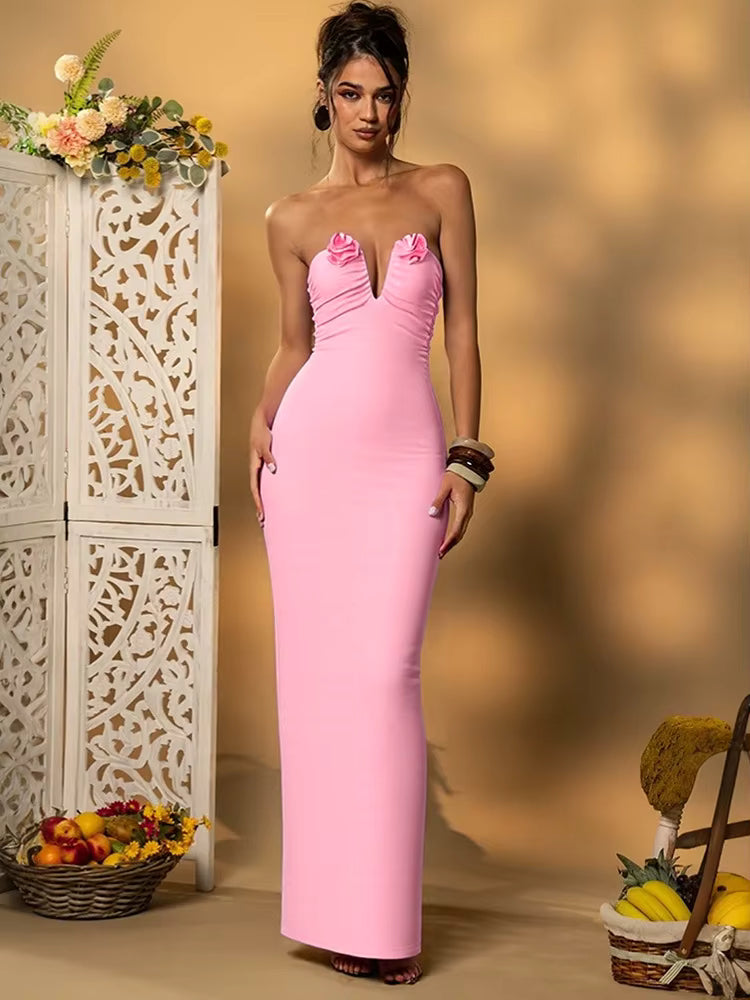 Casual Off-shoulder V Neck Backless Sleeveless Bodycon Maxi Dress