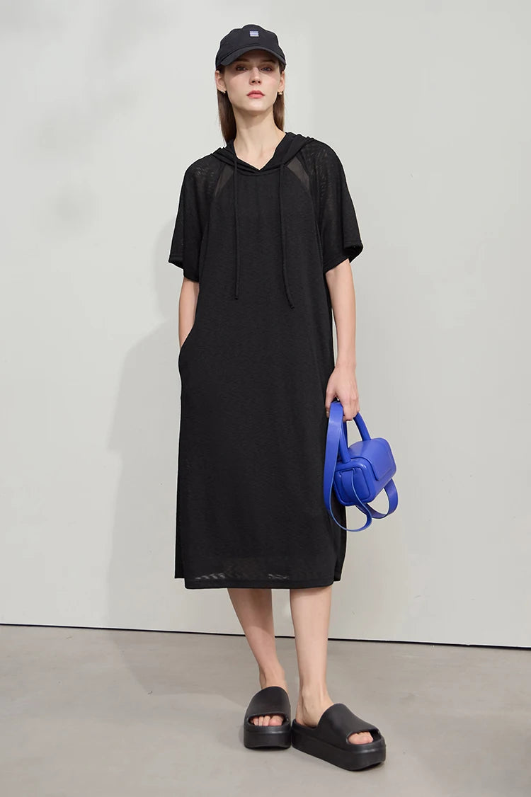 Casual Office Lady Solid Color Mesh Hood Loose Light Comfort Knit Dresses