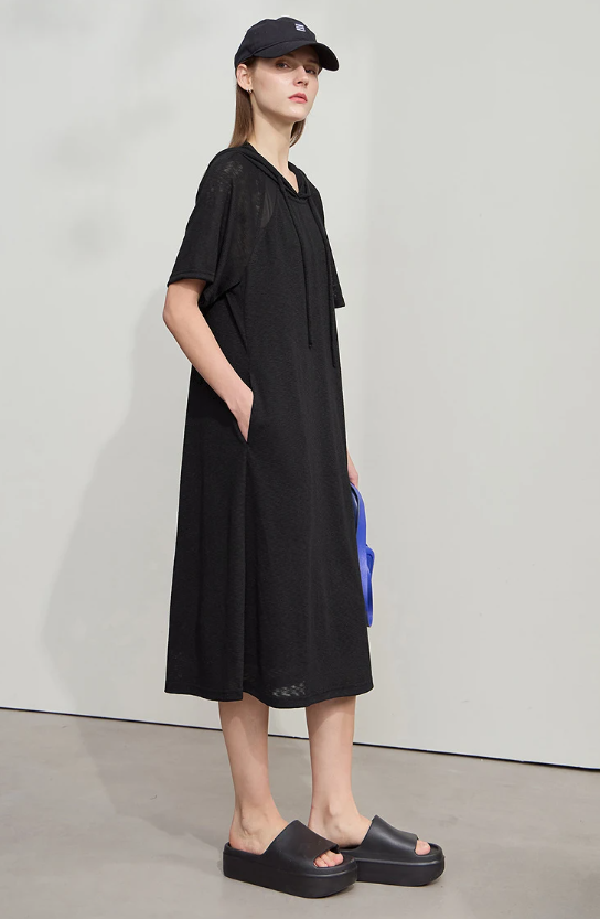 Casual Office Lady Solid Color Mesh Hood Loose Light Comfort Knit Dresses