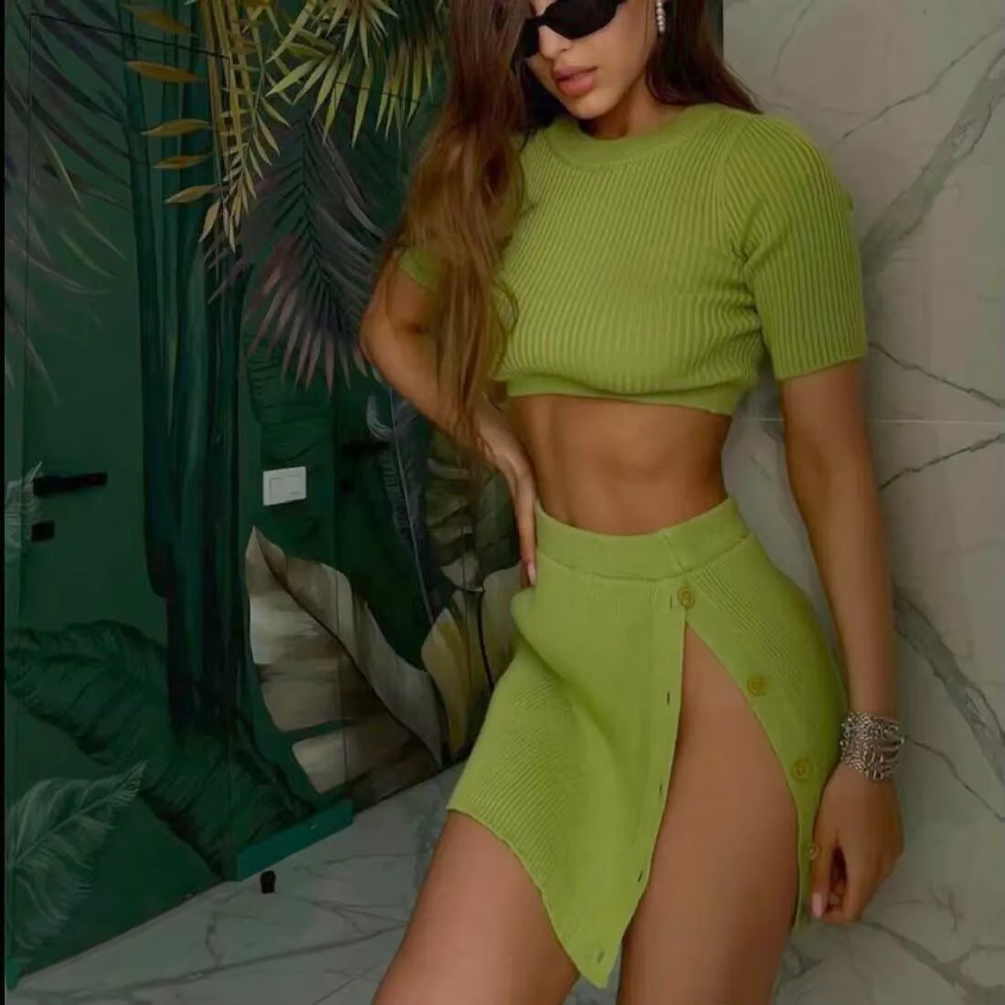 Casual Office Lady Solid Tight Short Knit Top Slit Short Skirt Set