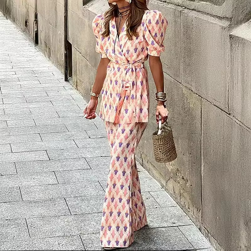 Casual Office Outfit Lace-up Short Sleeve Jackets Top And Wide Leg Pants 2 Piece Set