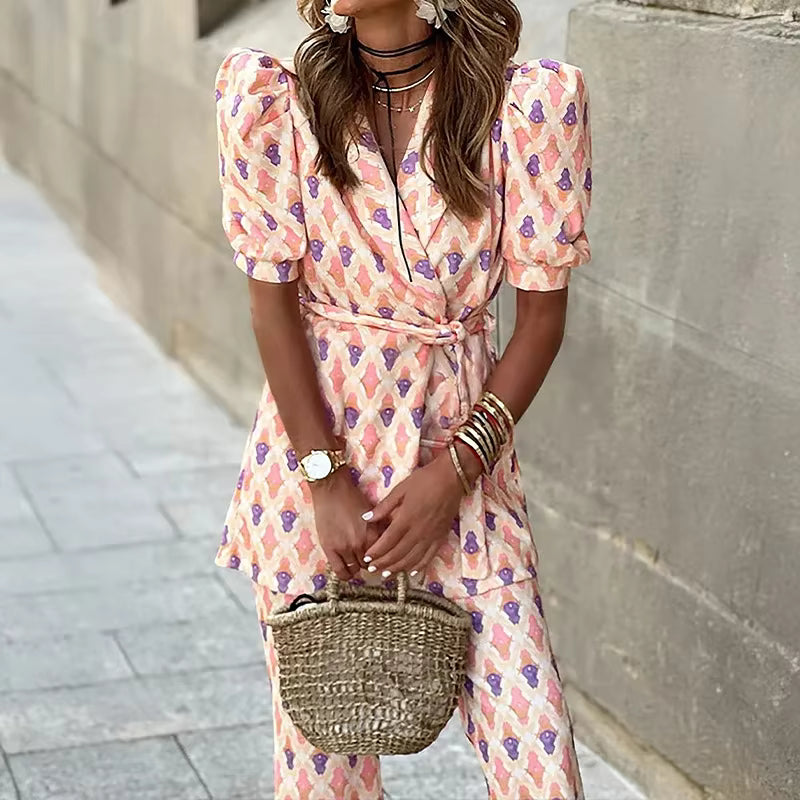 Casual Office Outfit Lace-up Short Sleeve Jackets Top And Wide Leg Pants 2 Piece Set