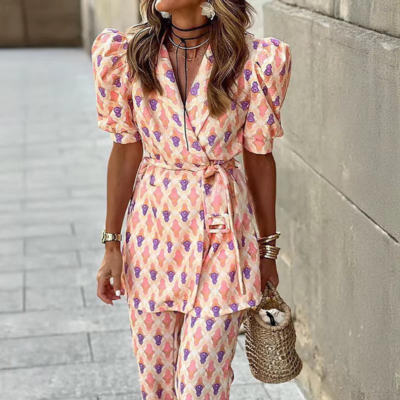 Casual Office Outfit Lace-up Short Sleeve Jackets Top And Wide Leg Pants 2 Piece Set