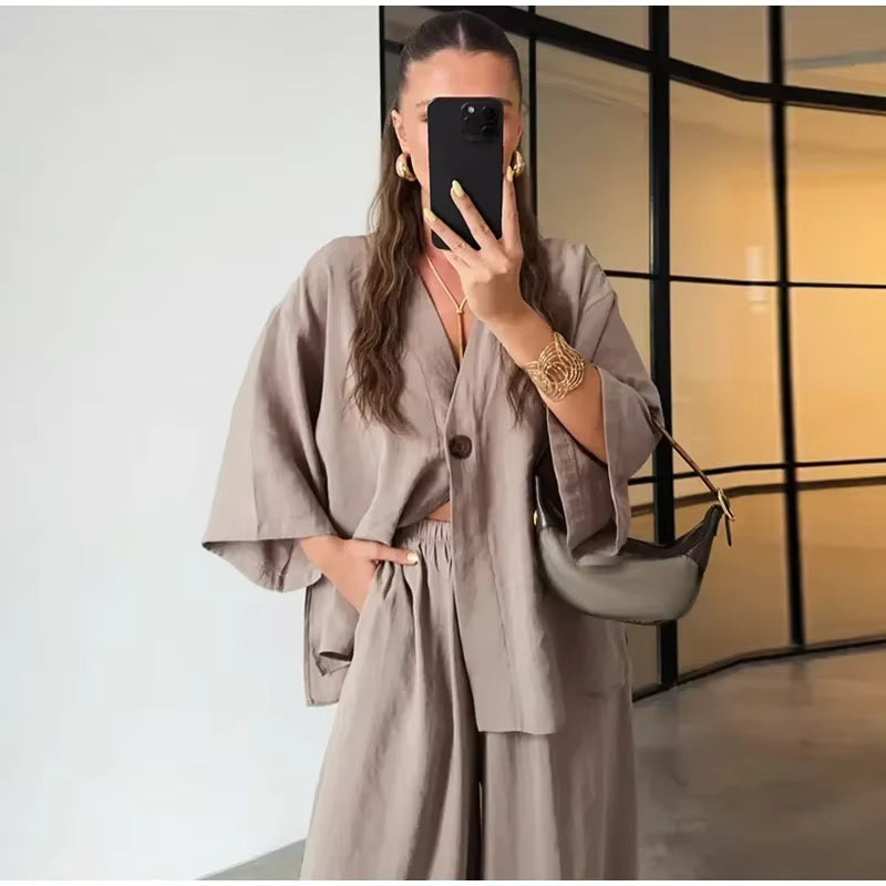 Casual One Button Shirts Solid Pants Full Sleeve V-neck Shirt High Waist Two Piece Set
