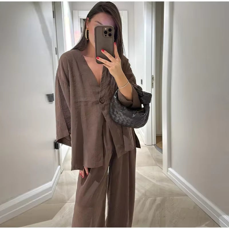 Casual One Button Shirts Solid Pants Full Sleeve V-neck Shirt High Waist Two Piece Set