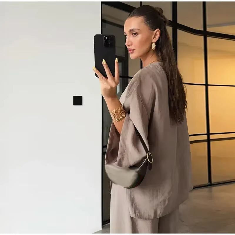 Casual One Button Shirts Solid Pants Full Sleeve V-neck Shirt High Waist Two Piece Set