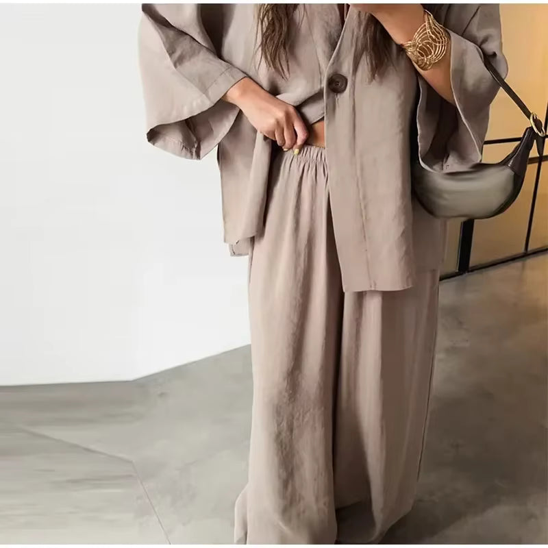 Casual One Button Shirts Solid Pants Full Sleeve V-neck Shirt High Waist Two Piece Set