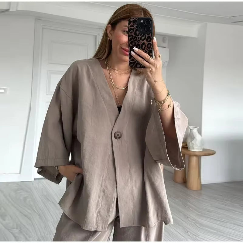 Casual One Button Shirts Solid Pants Full Sleeve V-neck Shirt High Waist Two Piece Set