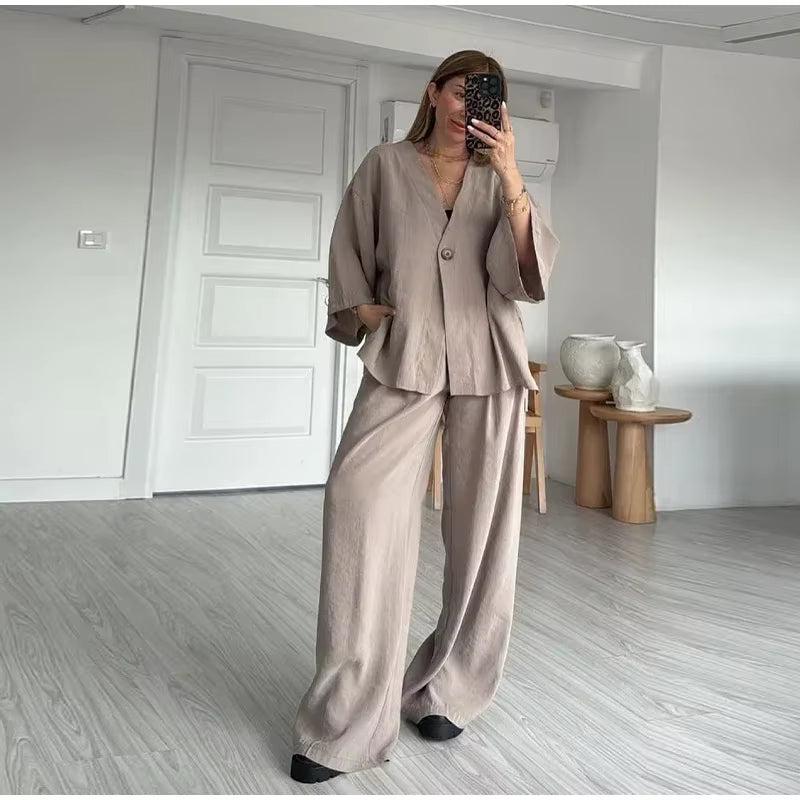Casual One Button Shirts Solid Pants Full Sleeve V-neck Shirt High Waist Two Piece Set