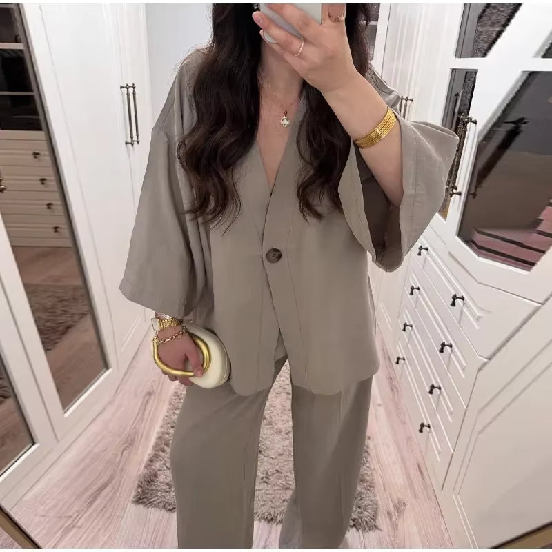 Casual One Button Shirts Solid Pants Full Sleeve V-neck Shirt High Waist Two Piece Set