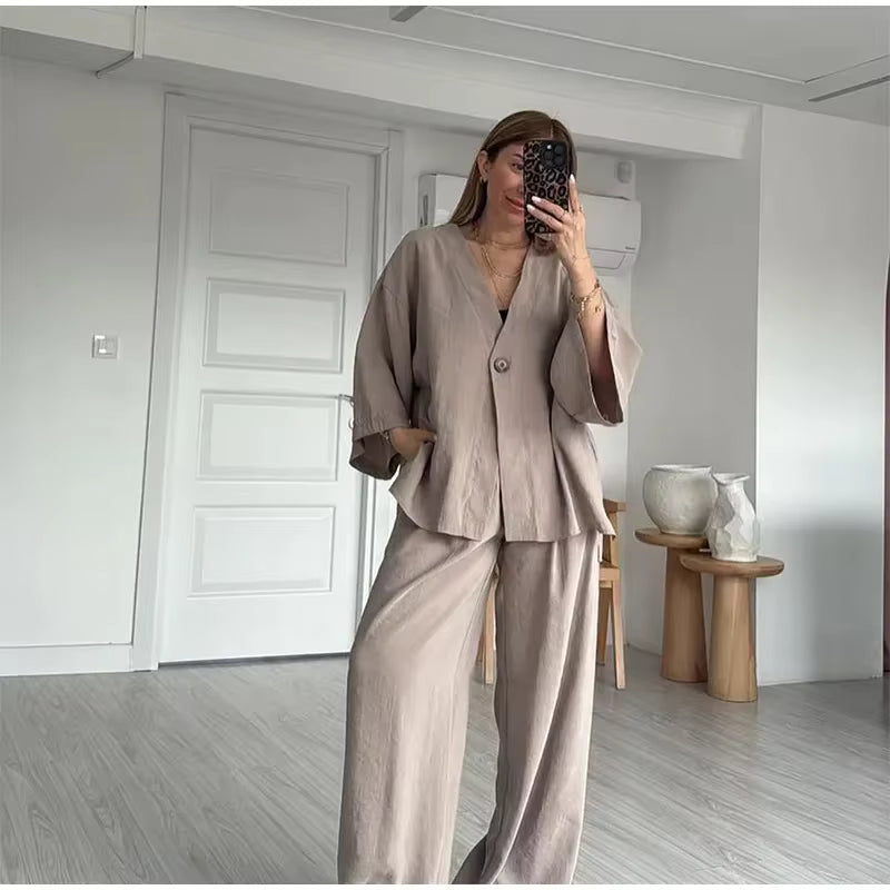 Casual One Button Shirts Solid Pants Full Sleeve V-neck Shirt High Waist Two Piece Set